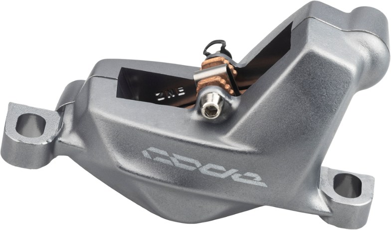 Close-up of SRAM Stealth TrailPro disc brake caliper mounted to mountain bike forks