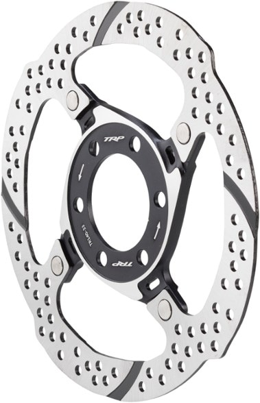 Close-up of TRP-33 rotor installed on a mountain bike hub, showing the 6 recessed slots and clean fit.