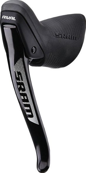 Close-up of SRAM Rival 1 brake lever on a bike handlebar with adjustable reach feature visible.