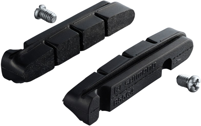 Close-up of Shimano R55C4 brake pads installed on BR-R9100 calipers